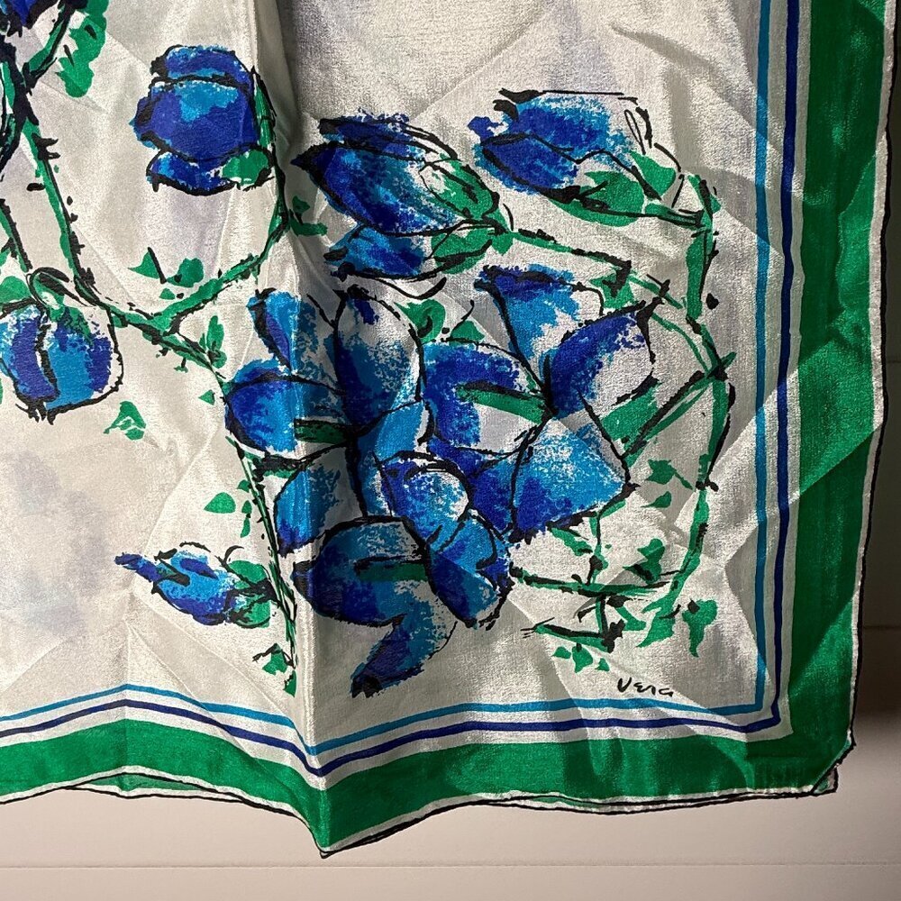 Vintage Scarves by Vera 100% Silk Hand Rolled Floral Blue, Green & White 30" SQ